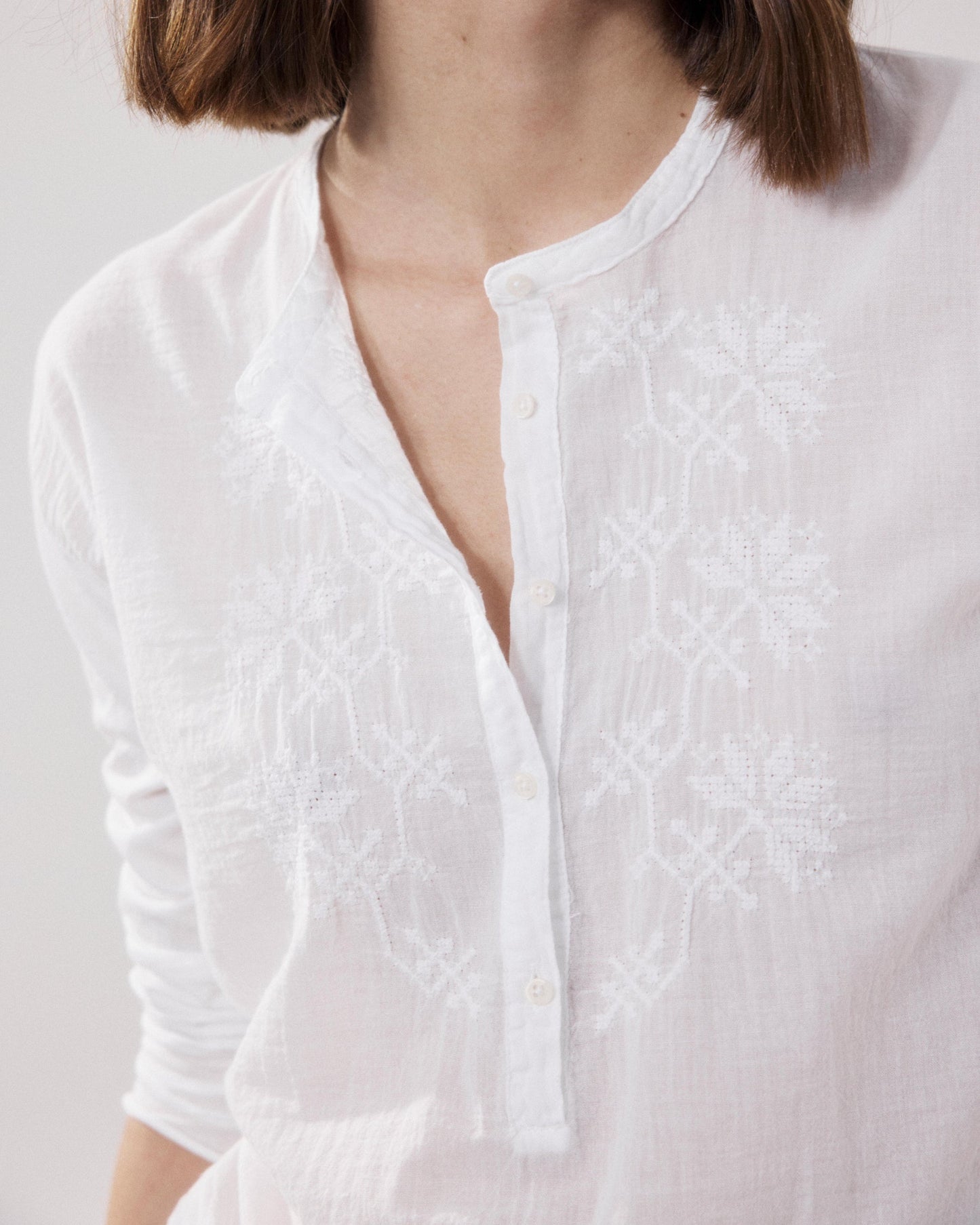 Women's Embroidered Button-Down Blouse Bi-Fabric Cotton - Sky 06-Sky