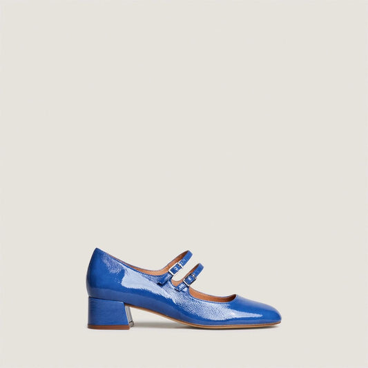Women’s Block Heel Sandals Pleated Patent Leather - Blue Steel Bleu-Acier