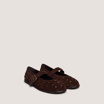 Jonak Women's Jolie Ballerina Flats in Brown Crust Leather with Rivets - Marron