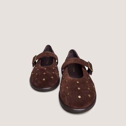 Jonak Women's Jolie Ballerina Flats in Brown Crust Leather with Rivets - Marron