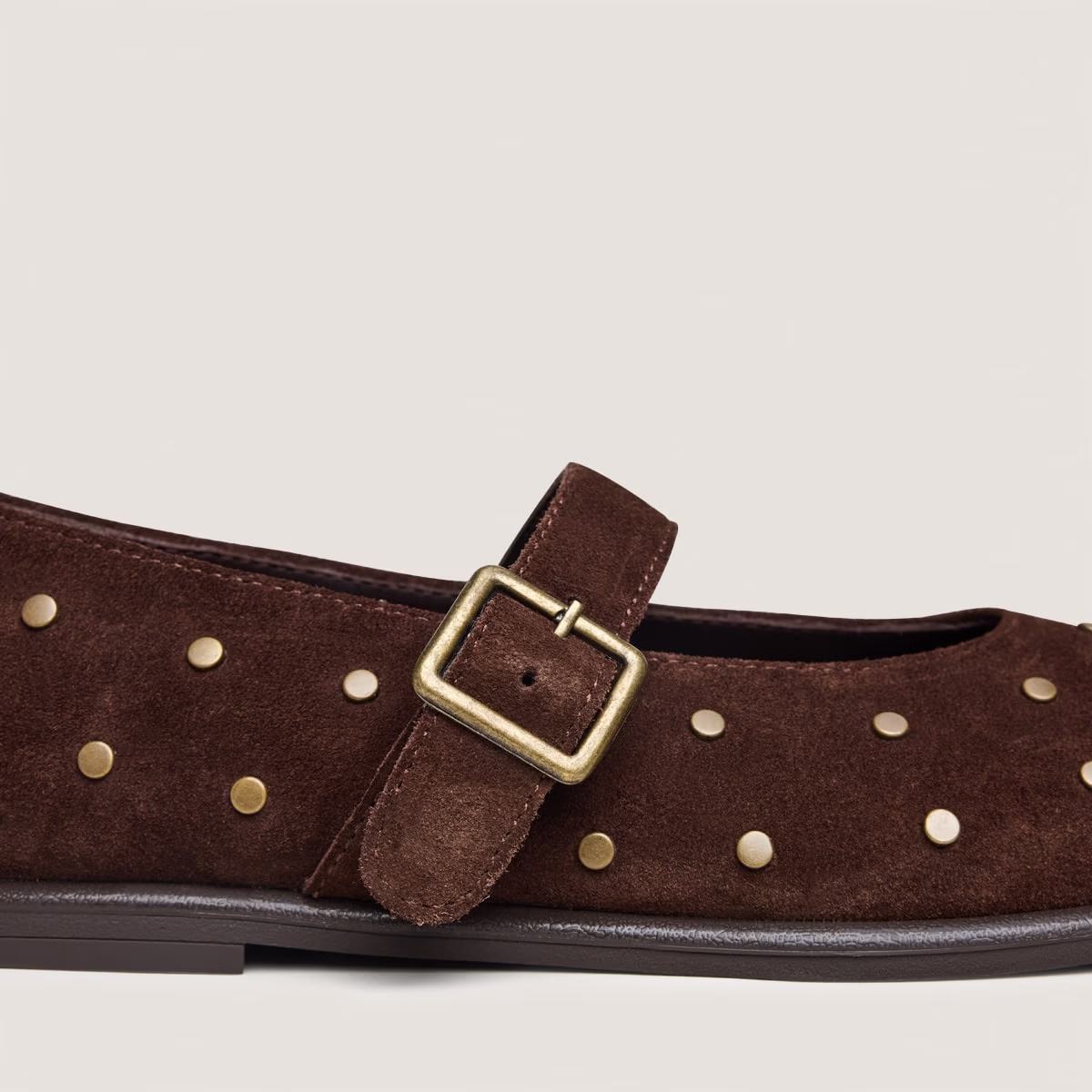 Jonak Women's Jolie Ballerina Flats in Brown Crust Leather with Rivets - Marron