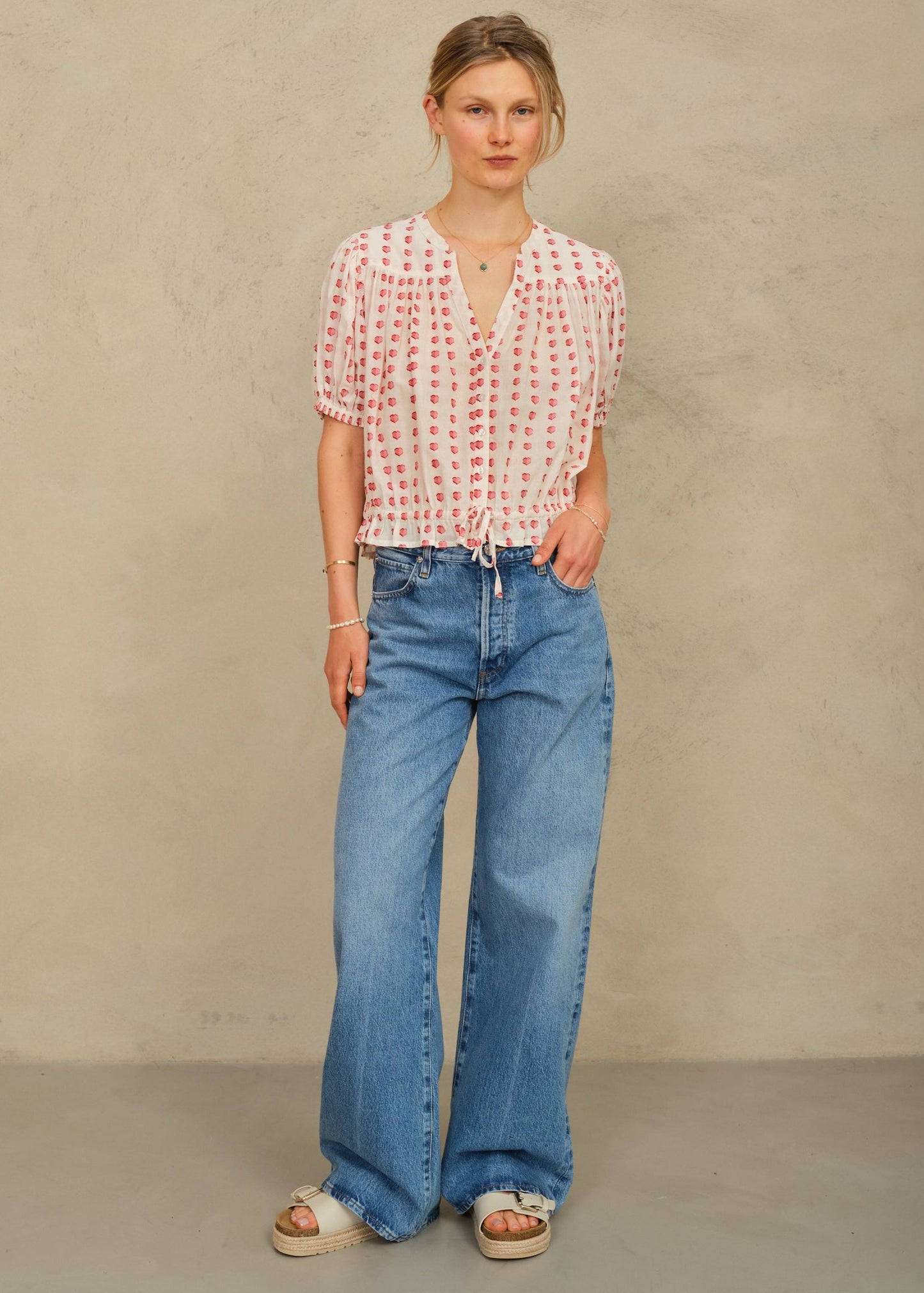 Blouse Karla Gather Top Ecru-Red