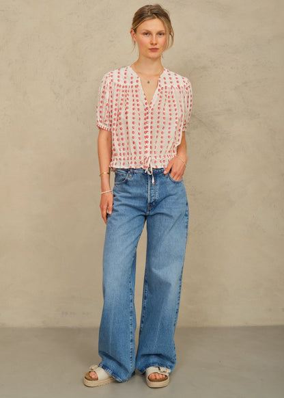 Blouse Karla Gather Top Ecru-Red