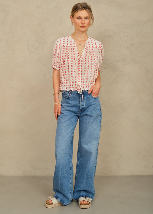 Blouse Karla Gather Top Ecru-Red