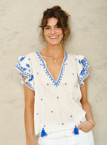 Blouse 6499143 Mina Emb Ss Top Ivory-Blue