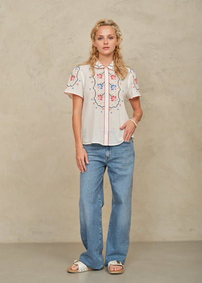 Blouse Ruby Emb Ss Top Ecru-Multi