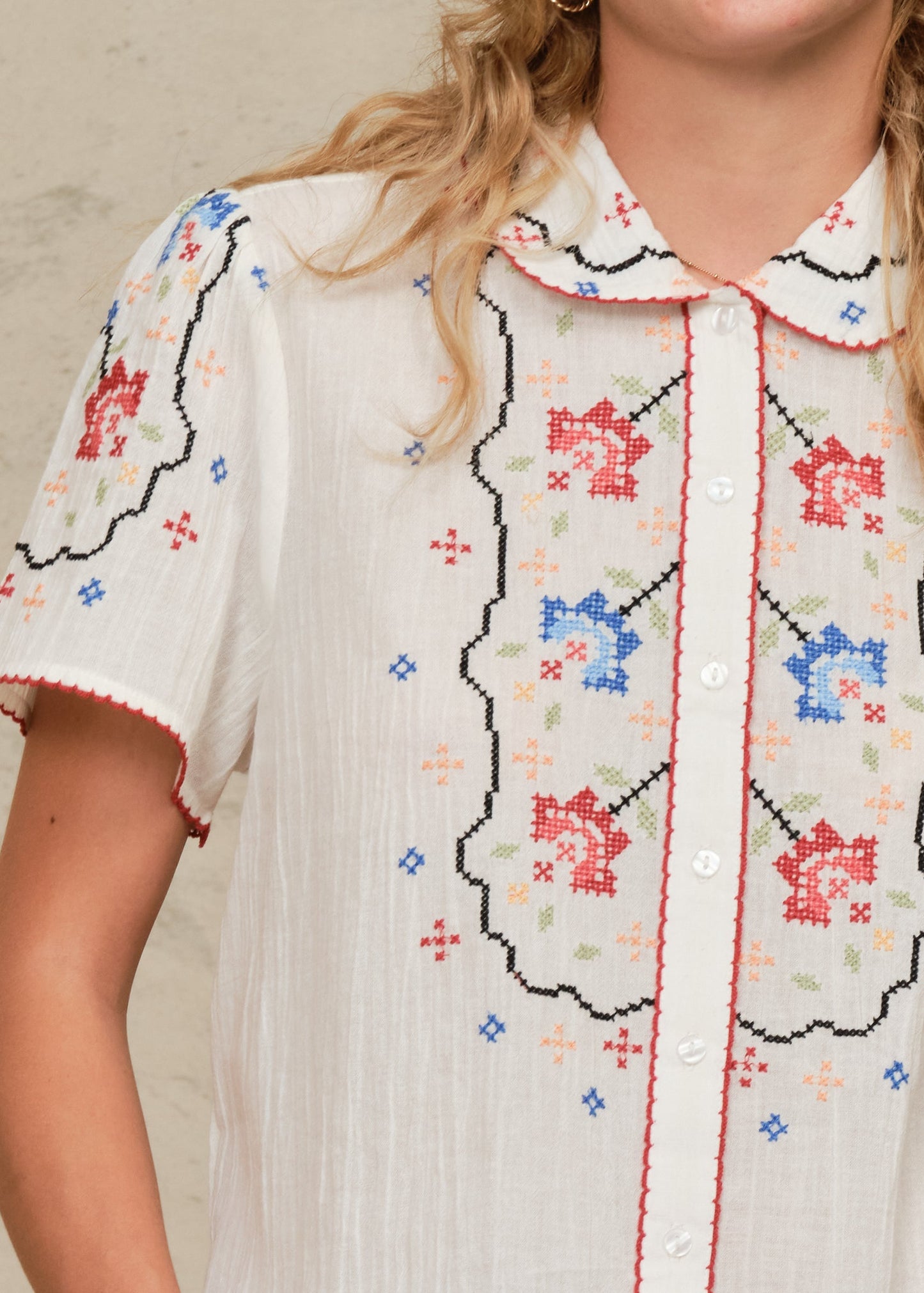 Blouse Ruby Emb Ss Top Ecru-Multi