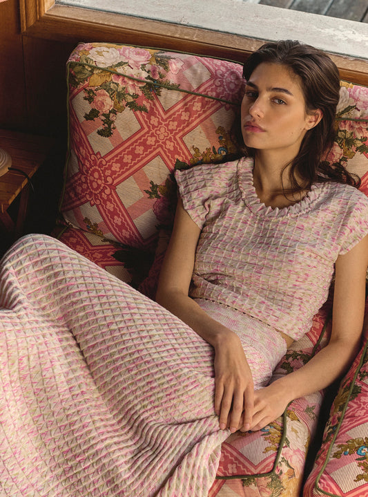 Women's Skirt Printed Rayon Yarn - Natural-Pink-Multi