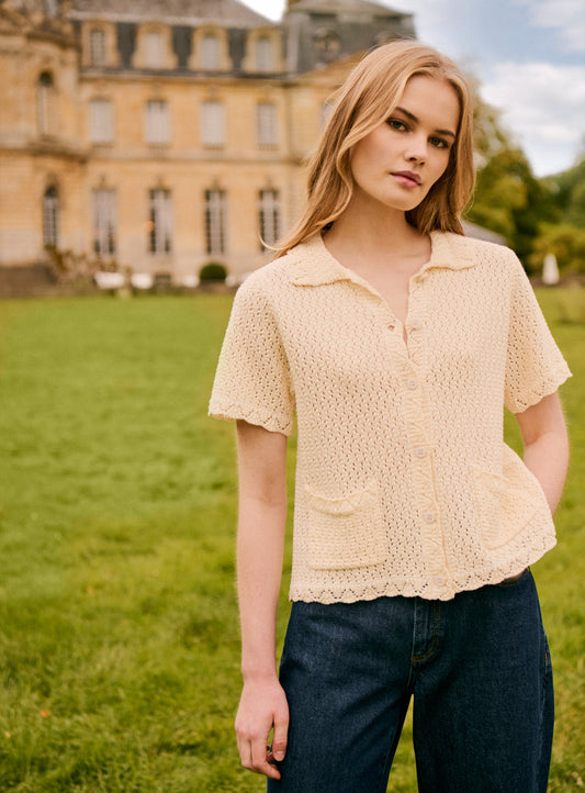 Women's Cardigan Merino Wool Knit Fabric With Cozy Weave - Ecru