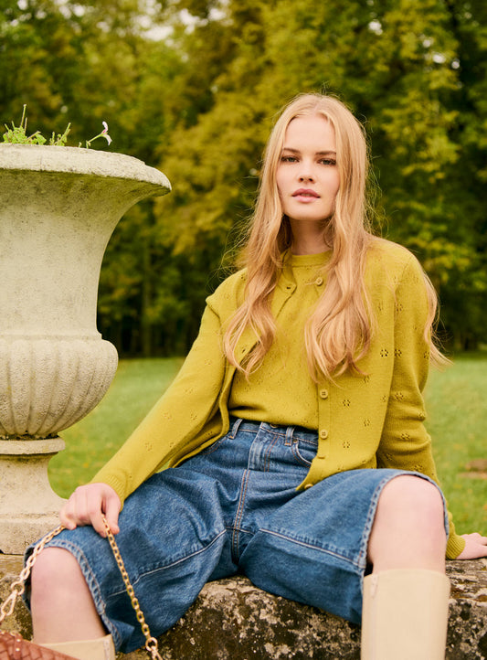 Women Cardigan Fine Knit Merino Wool Blend - Pistache