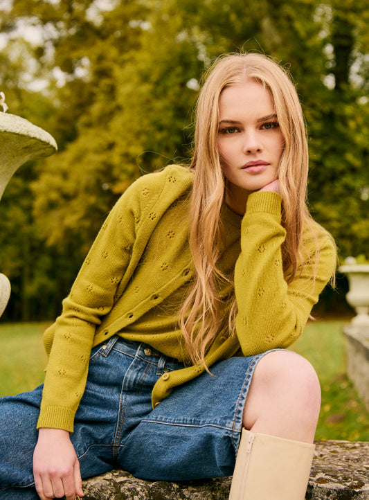 Women Cardigan Fine Knit Merino Wool Blend - Pistache