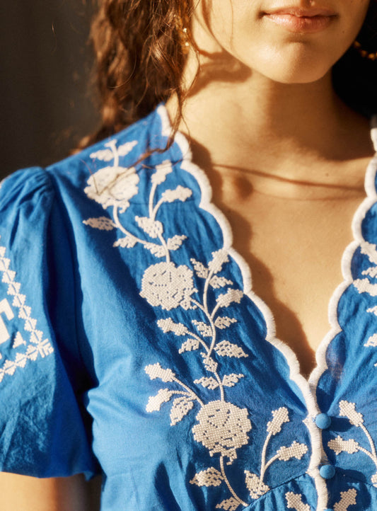 Women Blouse Lace Embroidered Sheer Georgette - Sea