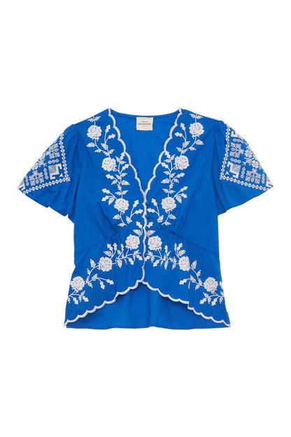 Women Blouse Lace Embroidered Sheer Georgette - Sea