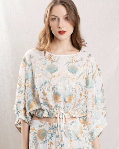 Women's Blouse 100 Percent Cotton Poplin- White-Multi-Gre
