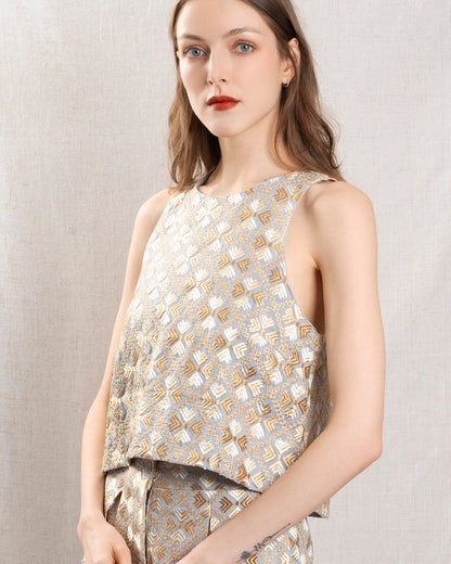 Women's Button-Down Blouse 100% Cotton - Light-Grey-Gold