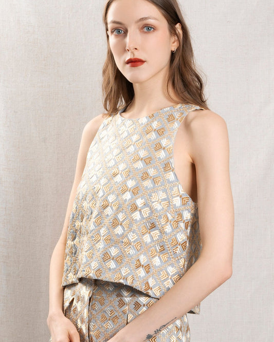 Women's Button-Down Blouse 100% Cotton - Light-Grey-Gold