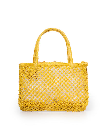 Women's Beach Bag Raffia And Cotton Blend - Yellow