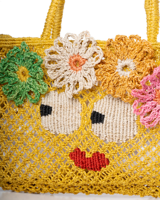 Women's Beach Bag Raffia And Cotton Blend - Yellow