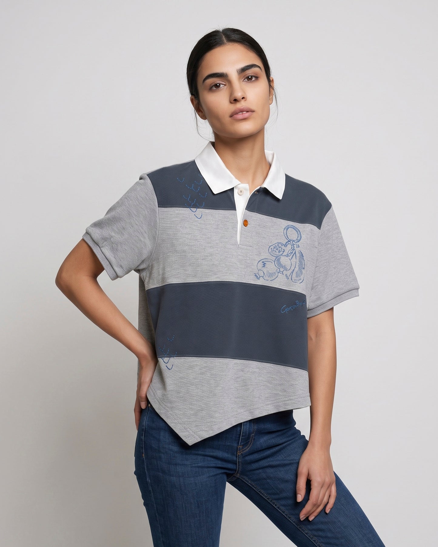 Garcon by Garcon | Striped Feather-Embroidered Polo - Blue-Grey Blue-Grey-Stripes