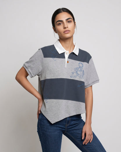 Garcon by Garcon | Striped Feather-Embroidered Polo - Blue-Grey Blue-Grey-Stripes