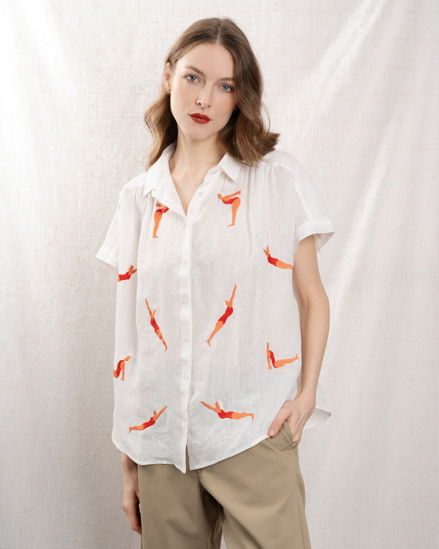 Women's Button-Down Blouse 100% Cotton Poplin - Mint Leaf White