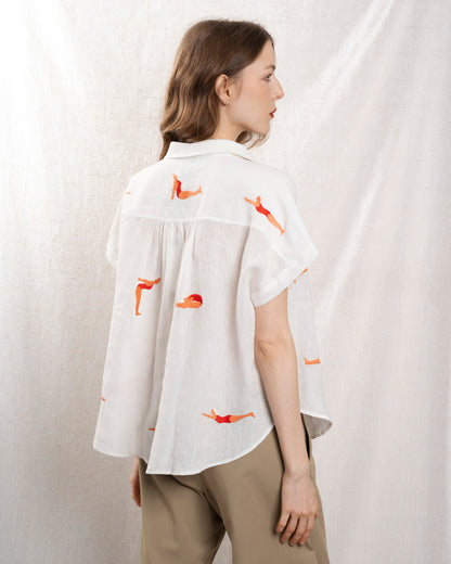 Women's Button-Down Blouse 100% Cotton Poplin - Mint Leaf White