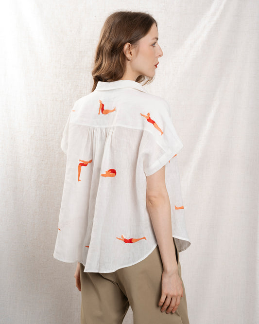 Women's Button-Down Blouse 100% Cotton Poplin - Mint Leaf White