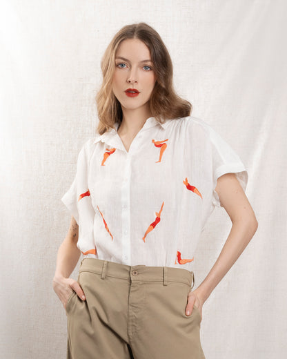 Women's Button-Down Blouse 100% Cotton Poplin - Mint Leaf White