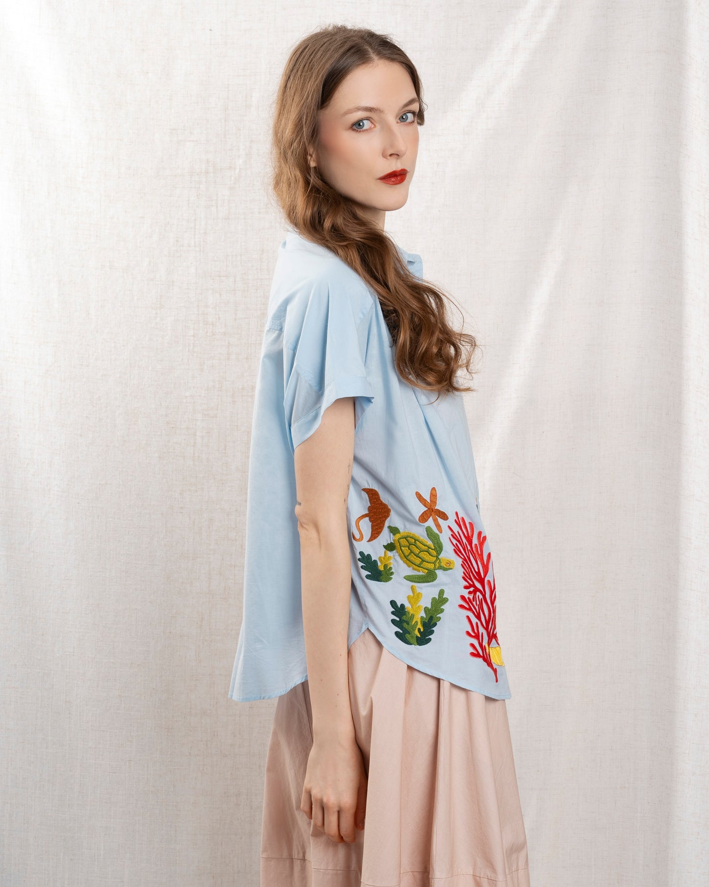 Women Button-Down Shirt 100 Percent Cotton Poplin - Lt-Blue