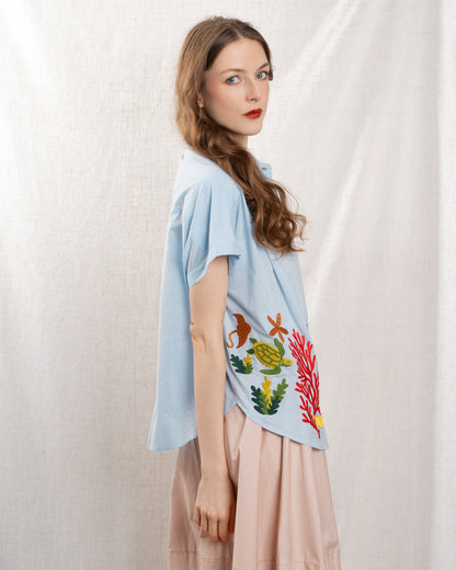 Women Button-Down Shirt 100 Percent Cotton Poplin - Lt-Blue
