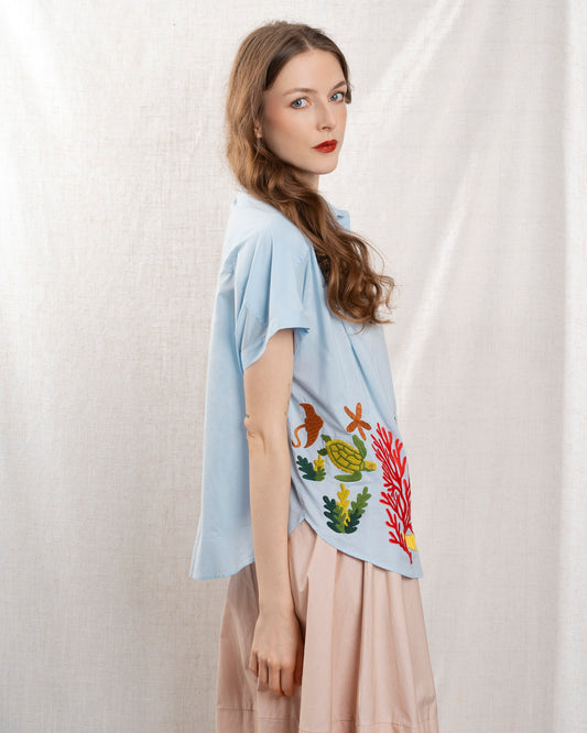 Women Button-Down Shirt 100 Percent Cotton Poplin - Lt-Blue