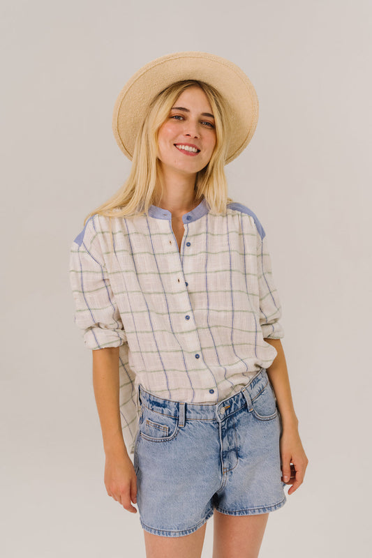 Women's Button-Down Blouse 100% Cotton Poplin - Mint Leaf Multi