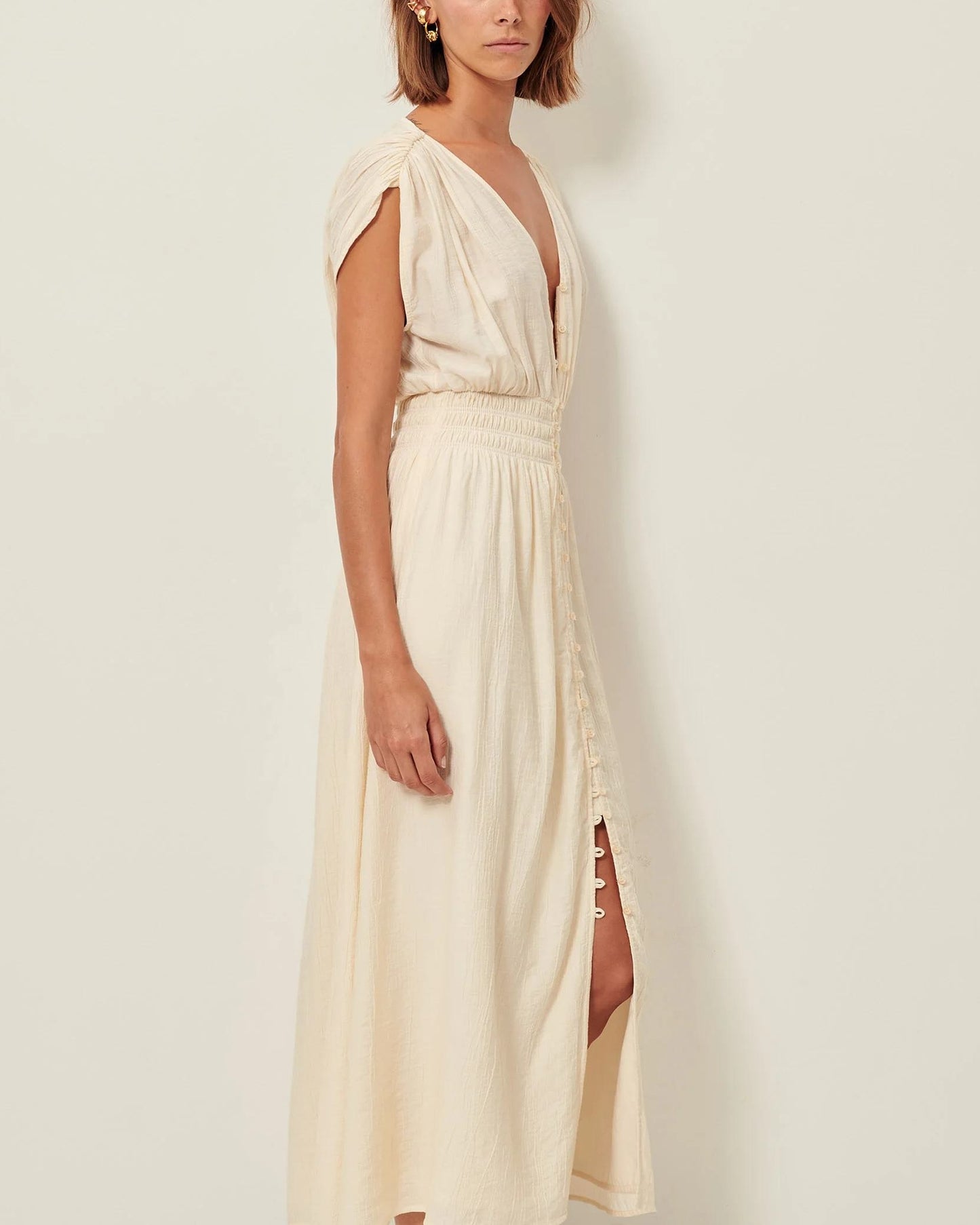 crinkled satin smocked dress SESSUN | Galiane Dress - Crinkled Satin Smocked Midi Ecume