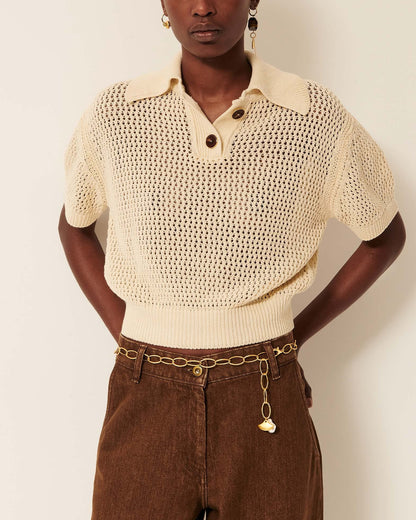 Women's Cropped Pullover Polo Italian Cotton Knit - Sand