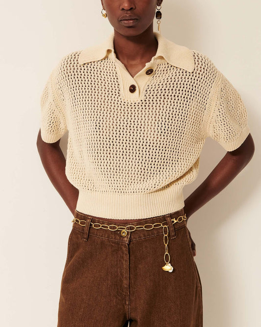 Women's Cropped Pullover Polo Italian Cotton Knit - Sand