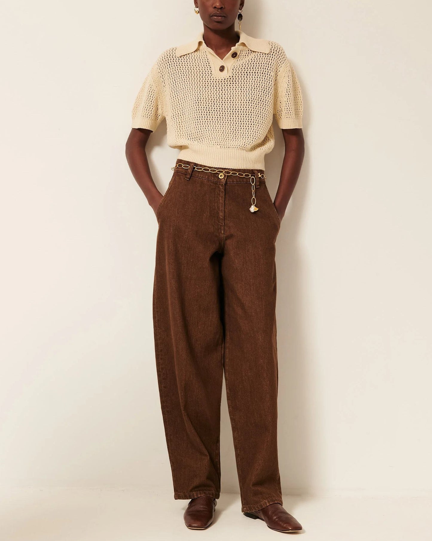Women's Cropped Pullover Polo Italian Cotton Knit - Sand