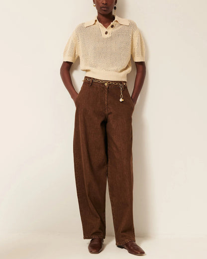 Women's Cropped Pullover Polo Italian Cotton Knit - Sand