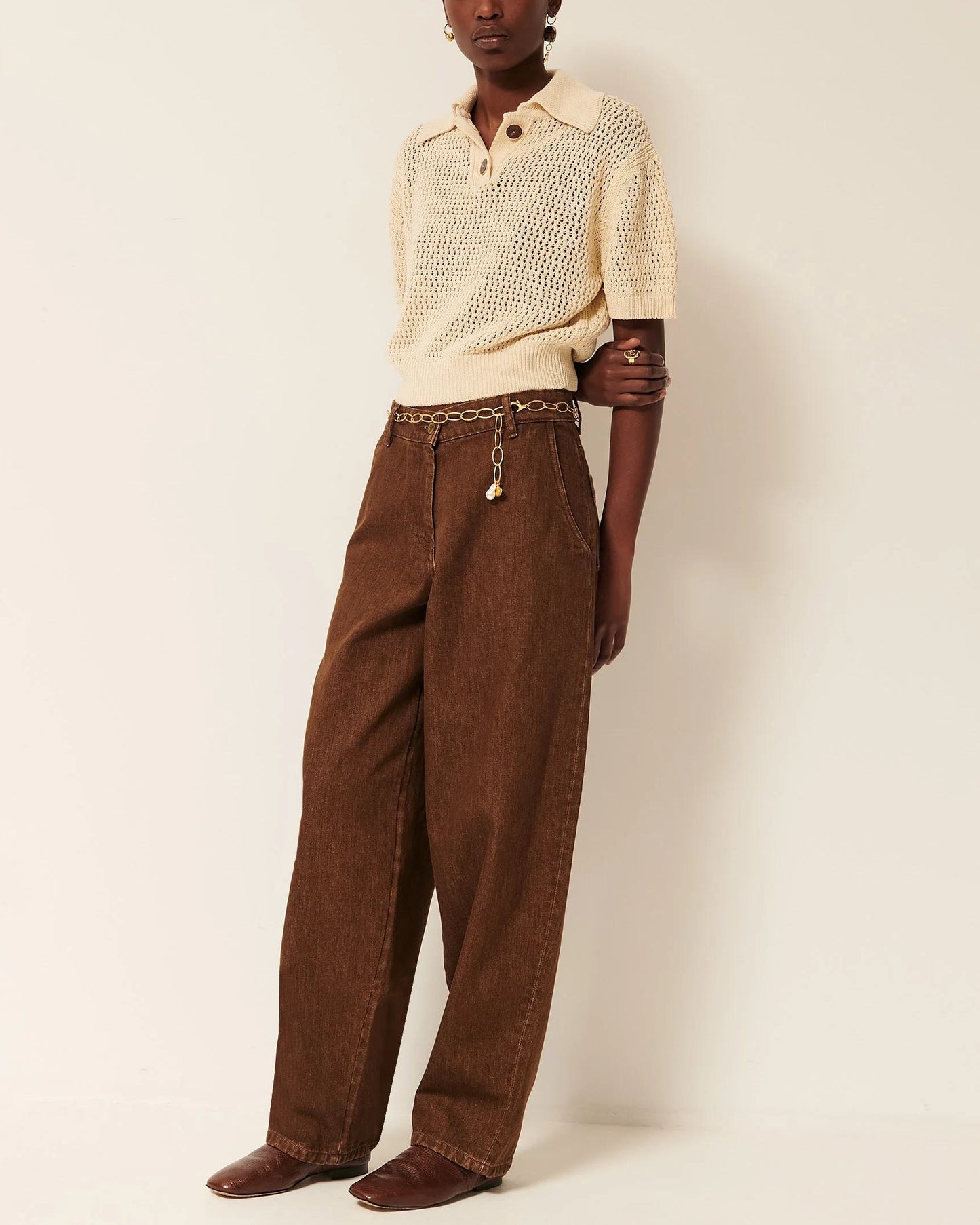 Women's Cropped Pullover Polo Italian Cotton Knit - Sand