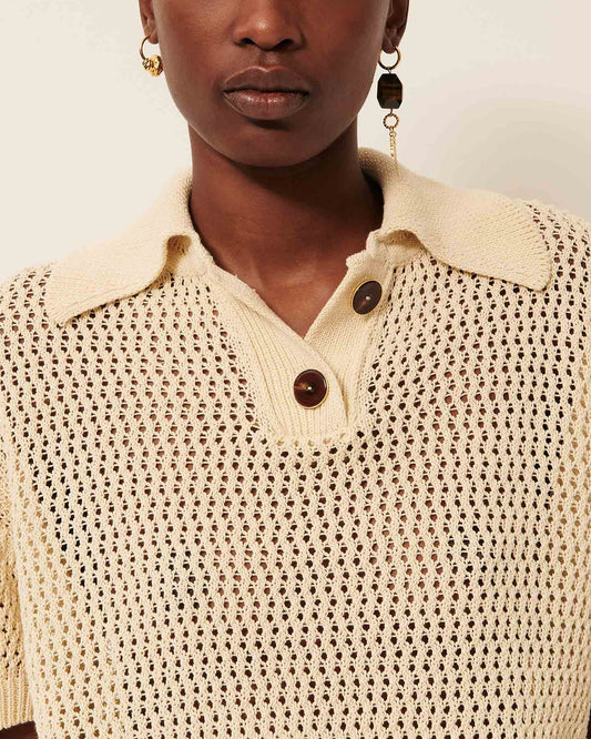 Women's Cropped Pullover Polo Italian Cotton Knit - Sand