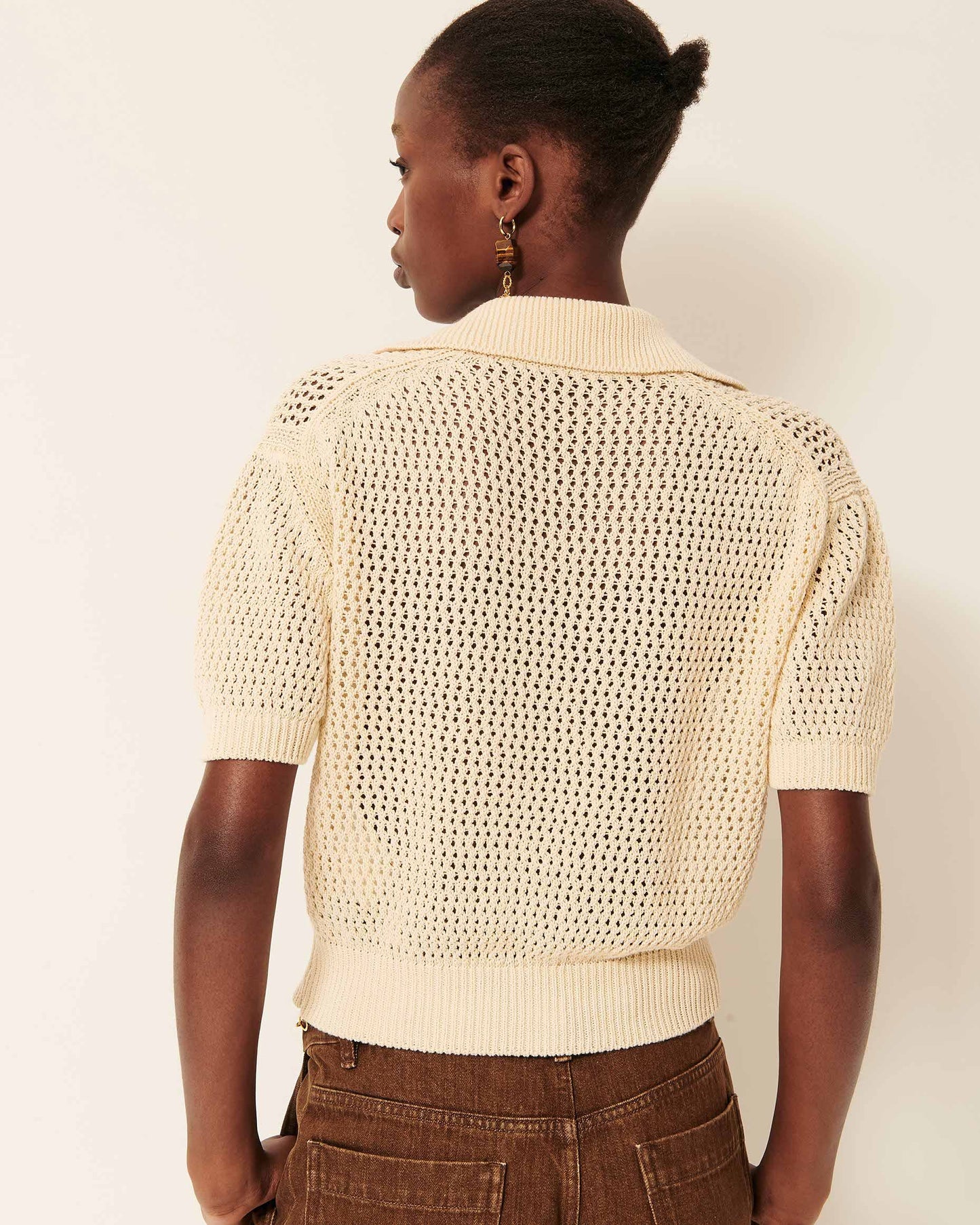 Women's Cropped Pullover Polo Italian Cotton Knit - Sand