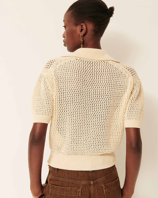 Women's Cropped Pullover Polo Italian Cotton Knit - Sand