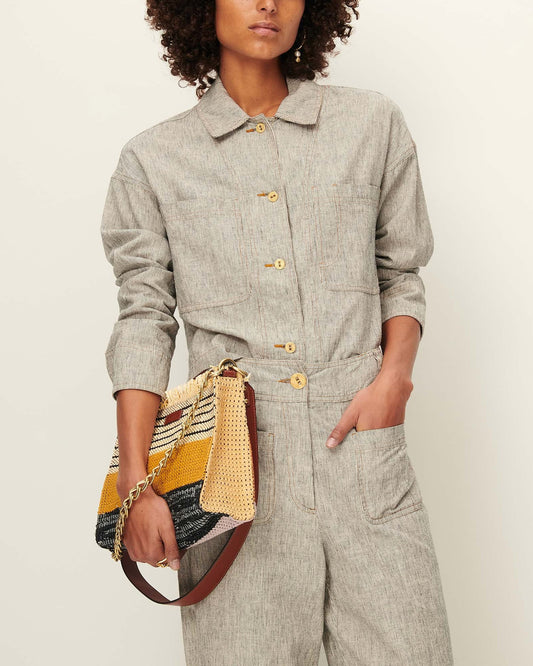 Unisex Overshirt Cotton-Linen Slub Yarn Stripe - Whiblack