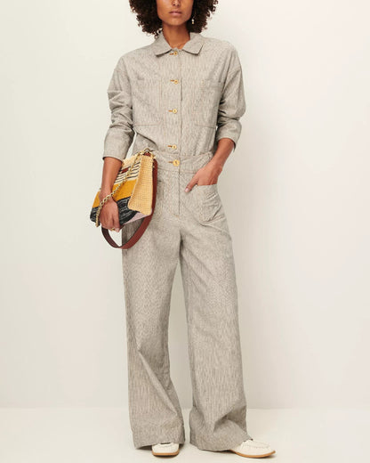 Unisex Overshirt Cotton-Linen Slub Yarn Stripe - Whiblack