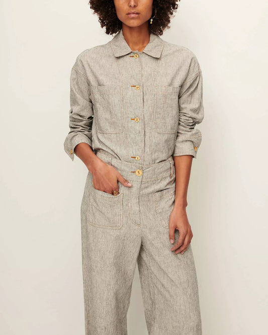 Unisex Overshirt Cotton-Linen Slub Yarn Stripe - Whiblack