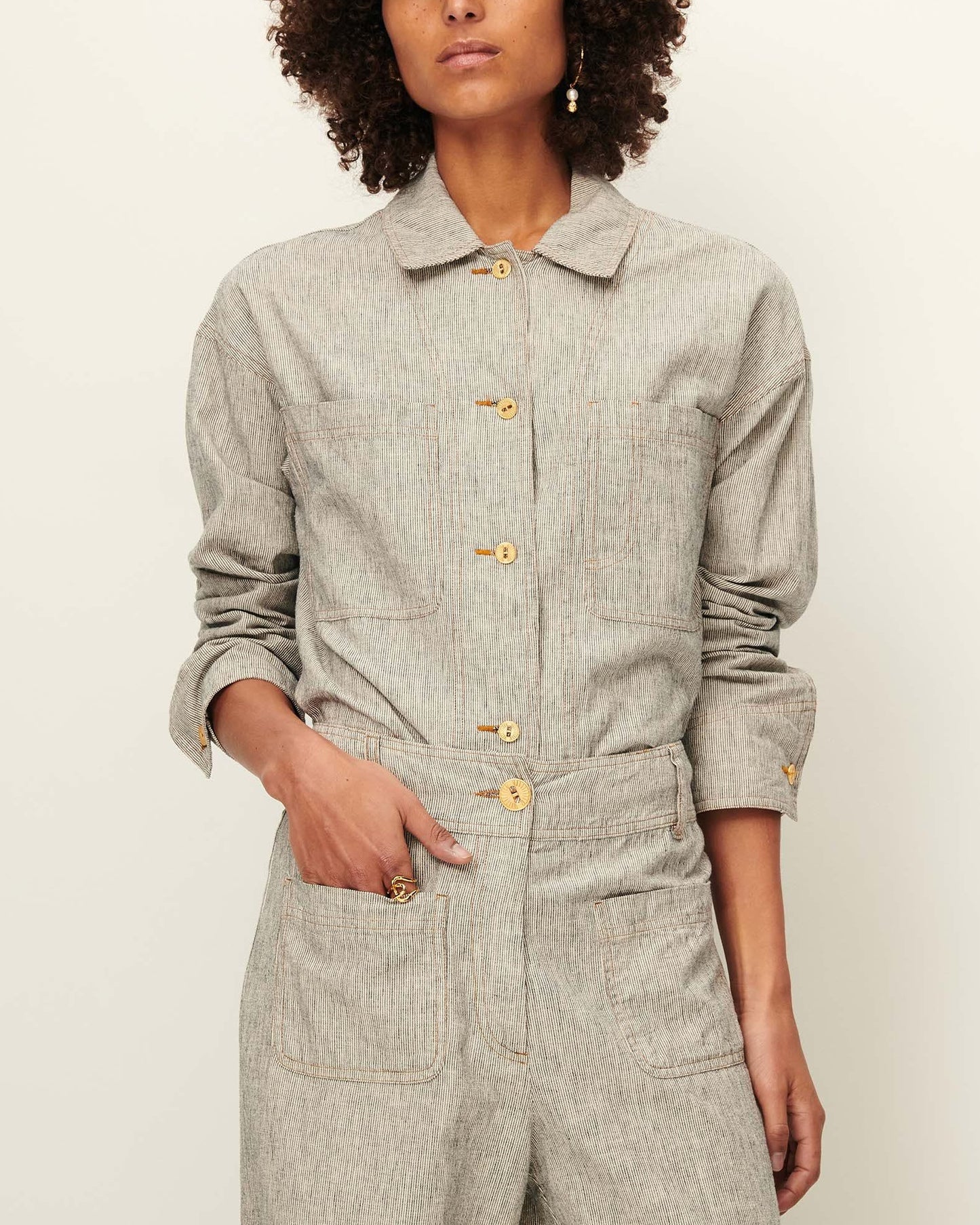 Unisex Overshirt Cotton-Linen Slub Yarn Stripe - Whiblack