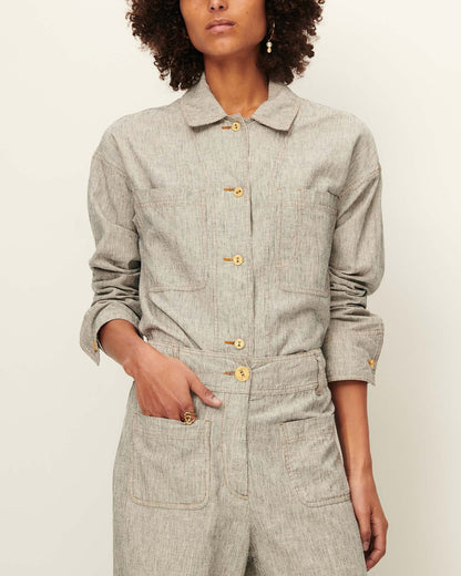 Unisex Overshirt Cotton-Linen Slub Yarn Stripe - Whiblack