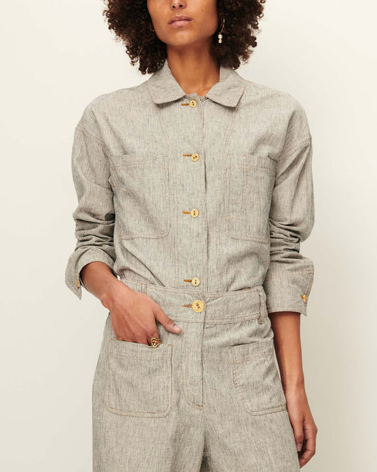Unisex Overshirt Cotton-Linen Slub Yarn Stripe - Whiblack