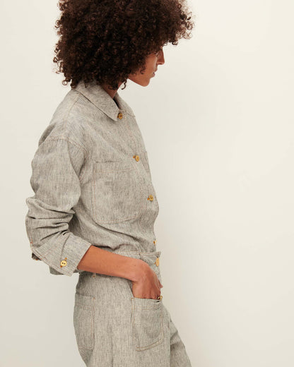 Unisex Overshirt Cotton-Linen Slub Yarn Stripe - Whiblack