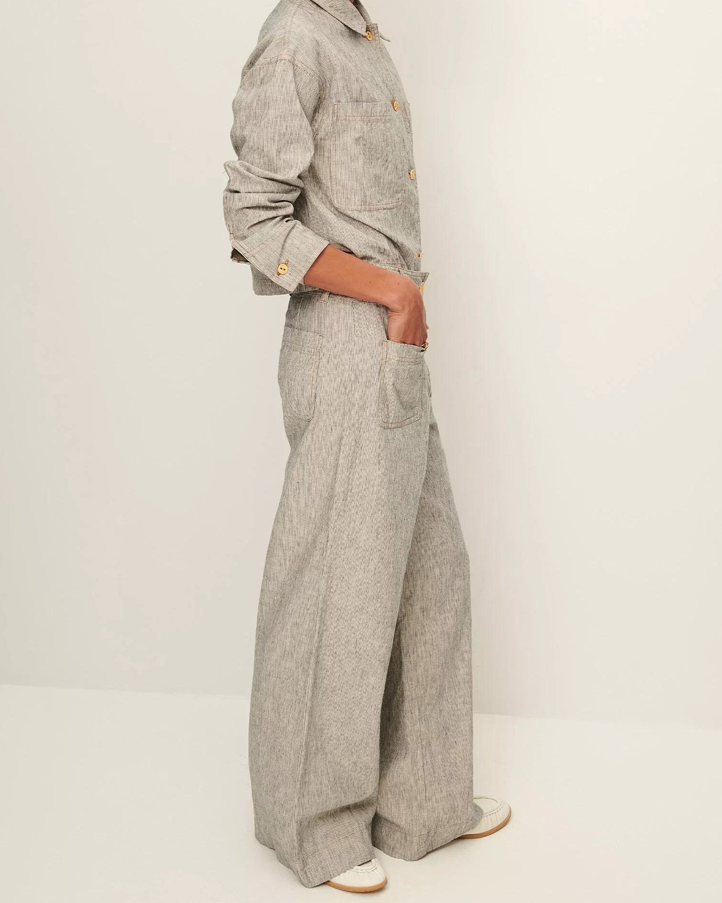 Unisex Overshirt Cotton-Linen Slub Yarn Stripe - Whiblack