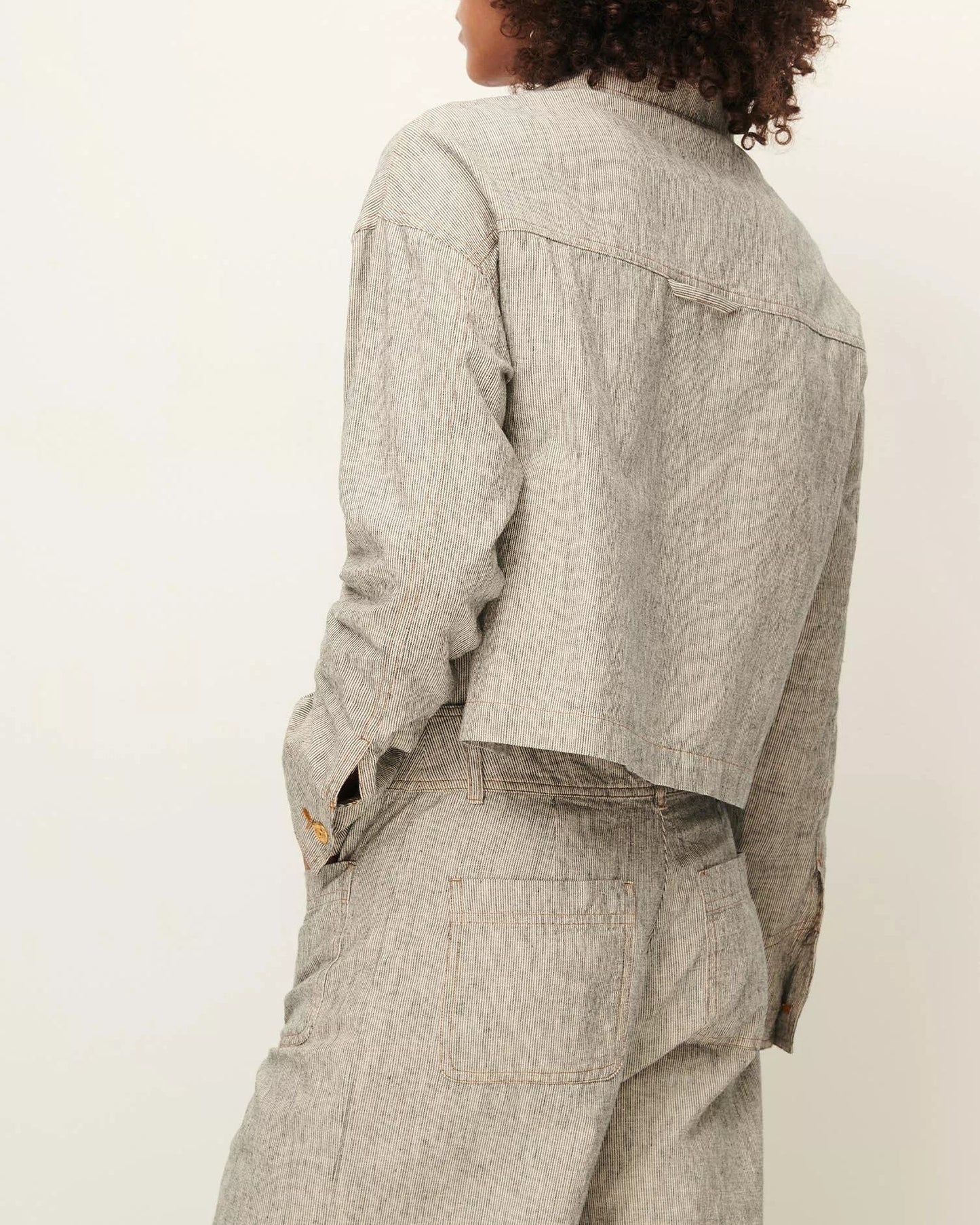 Unisex Overshirt Cotton-Linen Slub Yarn Stripe - Whiblack